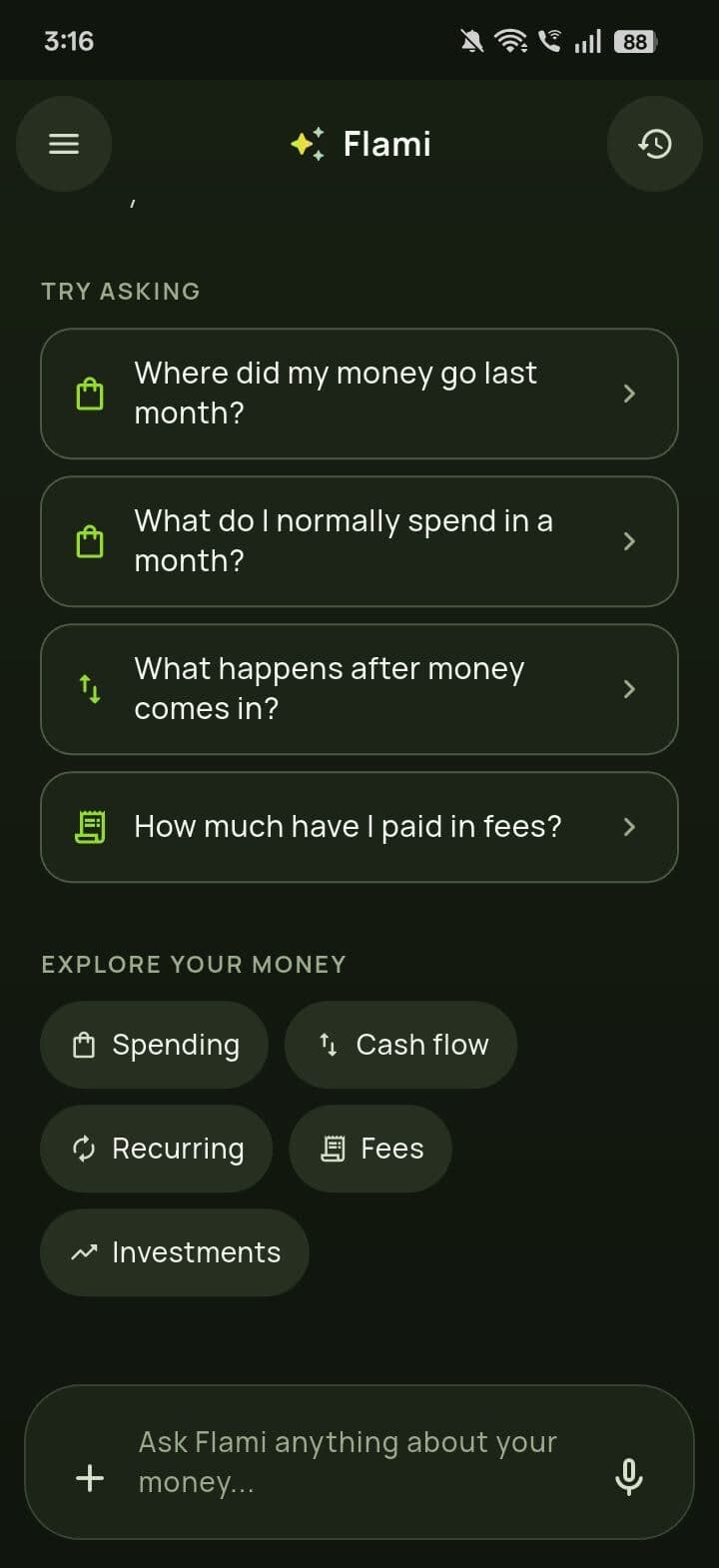 The Ask Flami screen in the Tribbe app